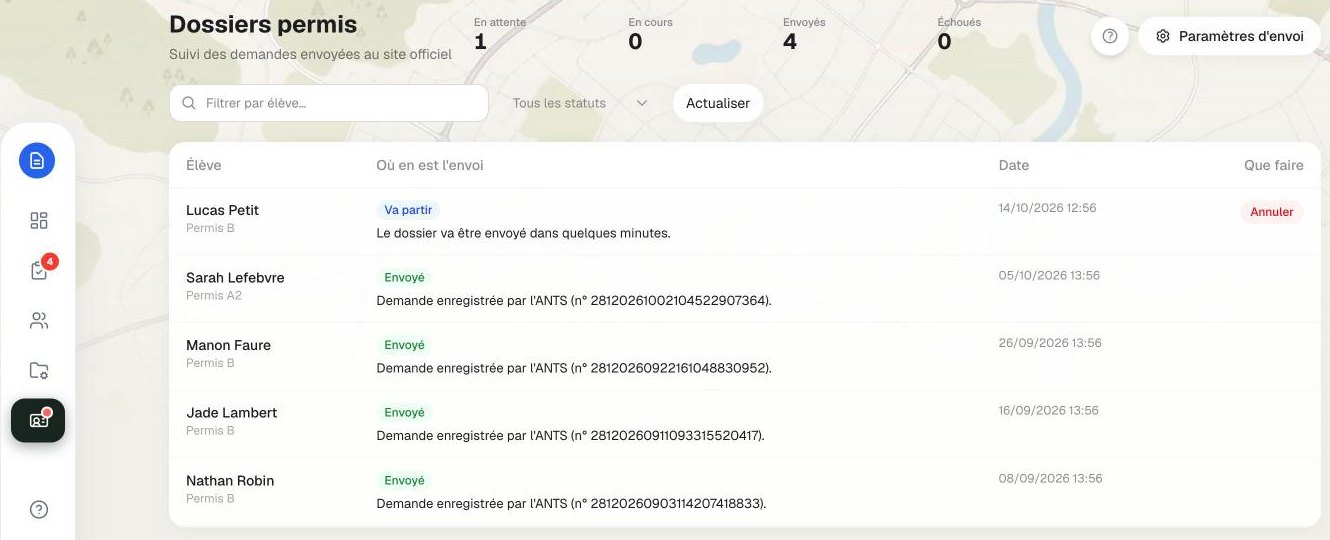 Suivi des envois à l'ANTS avec les numéros de démarche