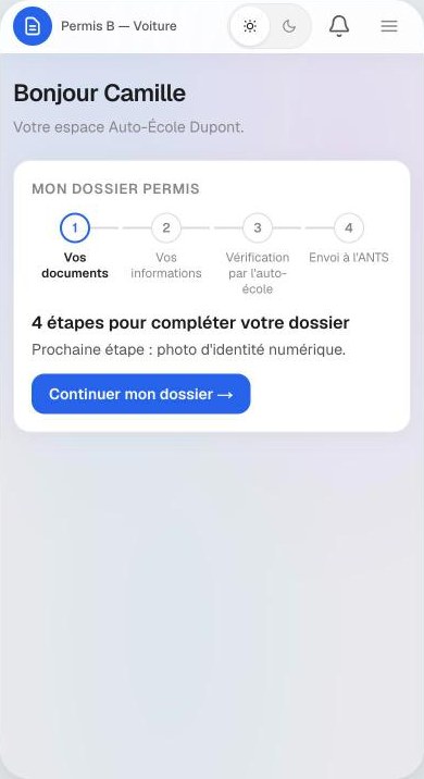 Accueil de l'élève sur téléphone avec les quatre étapes de son dossier